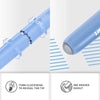 Close-up view of a light blue erasable gel pen showing the tip and ink erasing features.