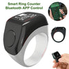 A black smart ring counter with a silver band is shown next to a smartphone displaying prayer counts.