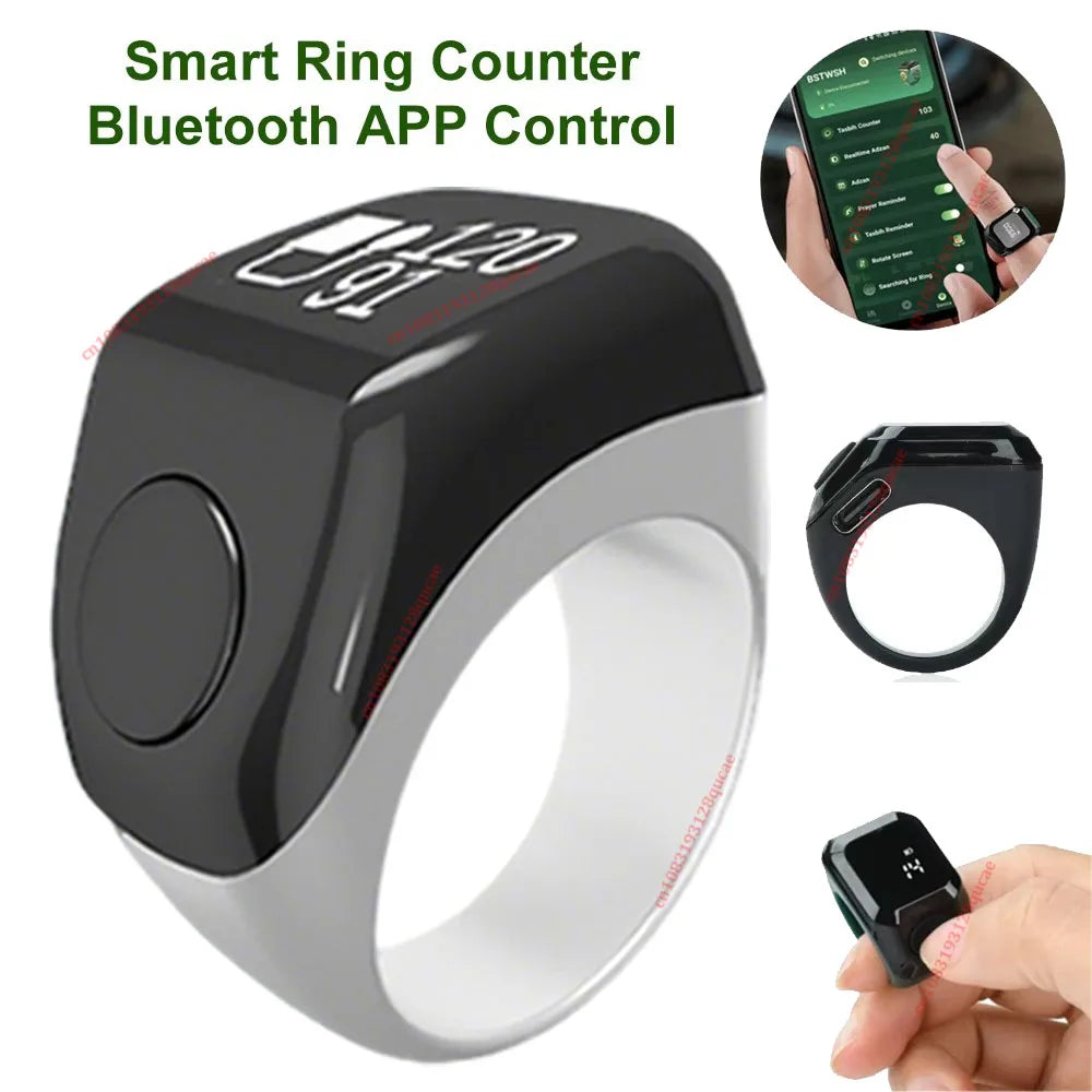 A black smart ring counter with a silver band is shown next to a smartphone displaying prayer counts.