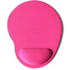 A bright pink ergonomic mouse pad designed with a contoured shape for comfortable wrist support.