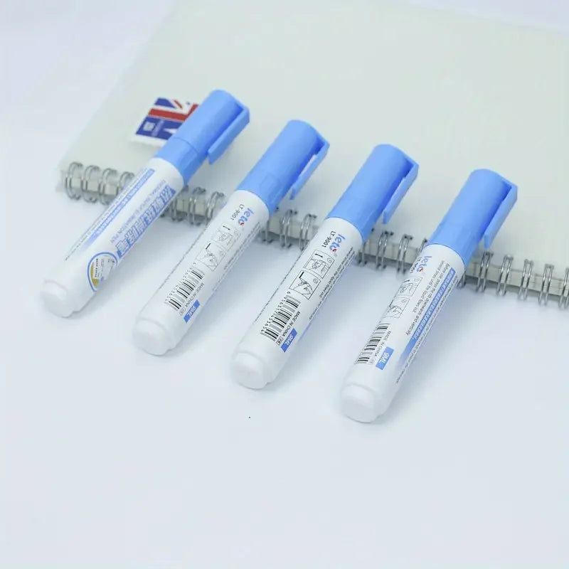 A pack of four blue and white thermal paper erasers for sensitive information