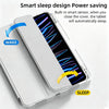 A transparent acrylic protective case for an iPad, demonstrating a smart sleep feature.