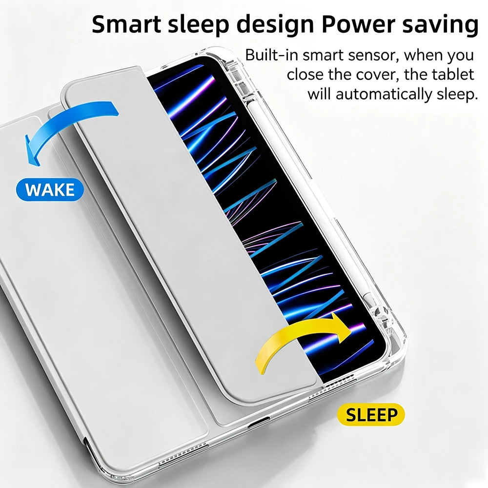 A transparent acrylic protective case for an iPad, demonstrating a smart sleep feature.