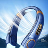 A blue portable bladeless neck fan is shown illuminating water, demonstrating its cooling function.