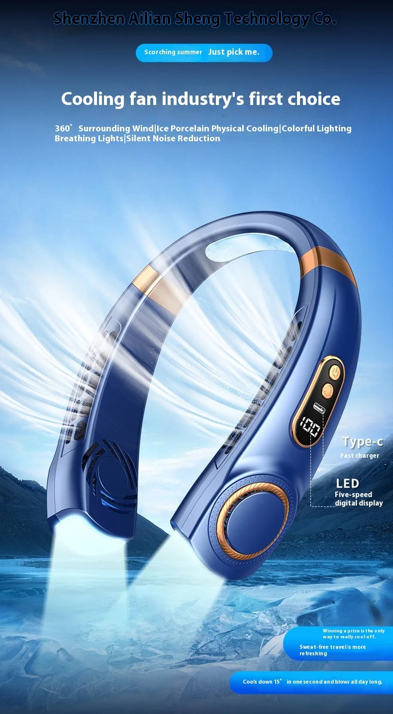 A blue portable bladeless neck fan is shown illuminating water, demonstrating its cooling function.
