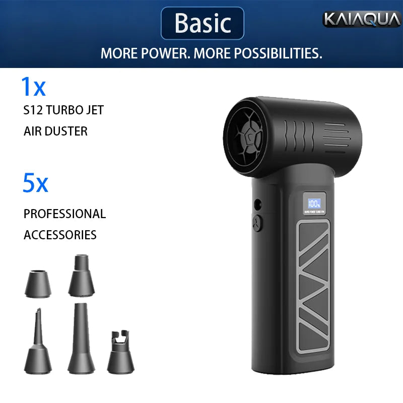 A black cordless air blower with various professional accessories shown next to it.