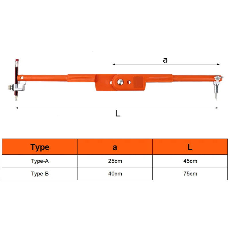 Orange adjustable woodworking marking compass with pencil holder showing dimensions for Type-A and Type-B.