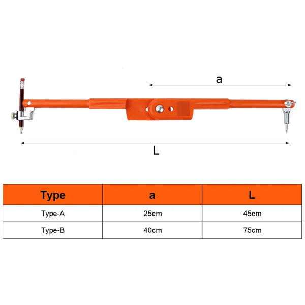 Orange adjustable woodworking marking compass with pencil holder showing dimensions for Type-A and Type-B.
