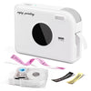 A white smart Bluetooth label maker device with a circular printing area and accompanying tape rolls.