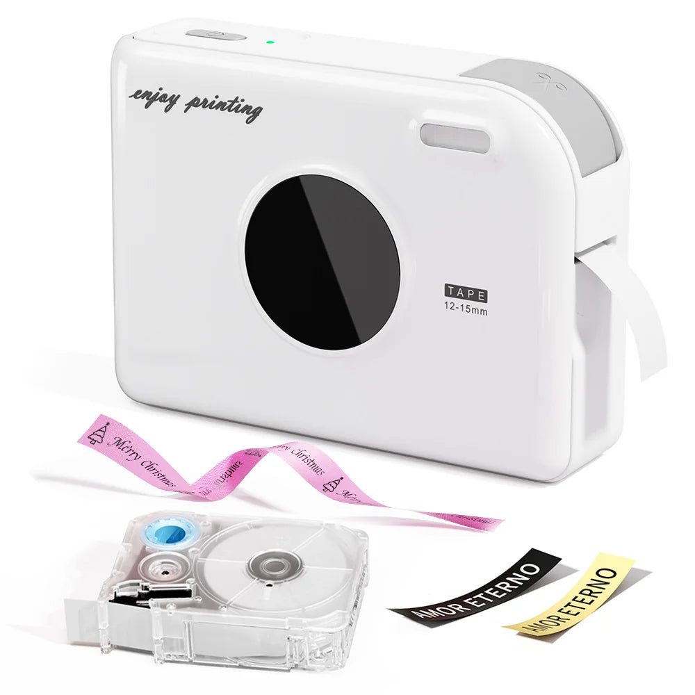 A white smart Bluetooth label maker device with a circular printing area and accompanying tape rolls.