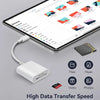 قارئ بطاقة USB-C أبيض بجانب جهاز لوحي يعرض خيارات تصفح الملفات وبطاقة SD