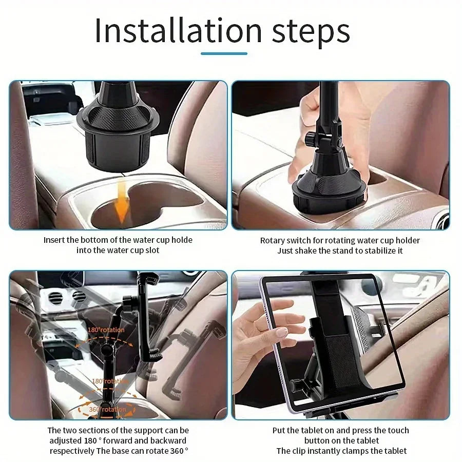 Installation steps showing how to install a rotating car mount for phones and tablets