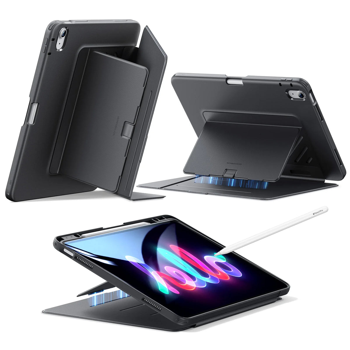 A black magnetic folio case for an iPad Air shown in multiple angles.