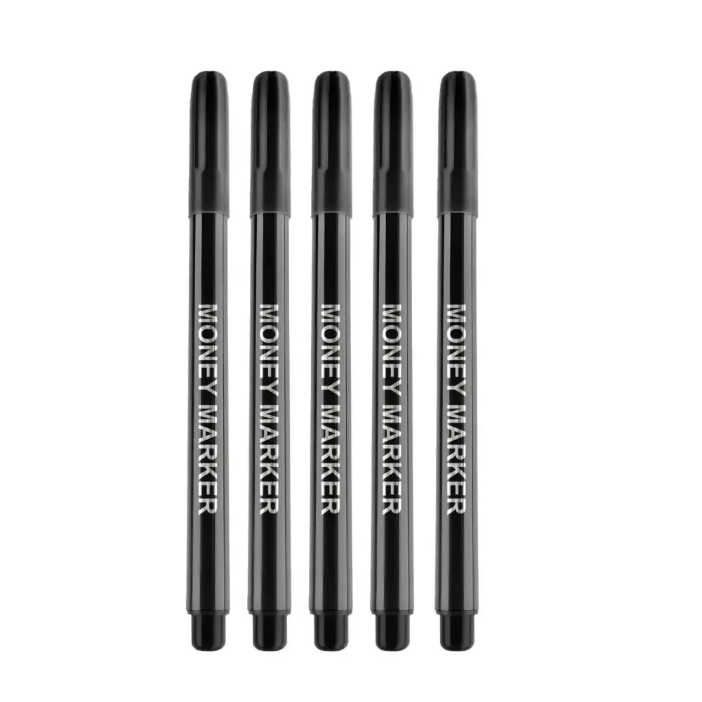 A set of six black money marker pens standing upright.