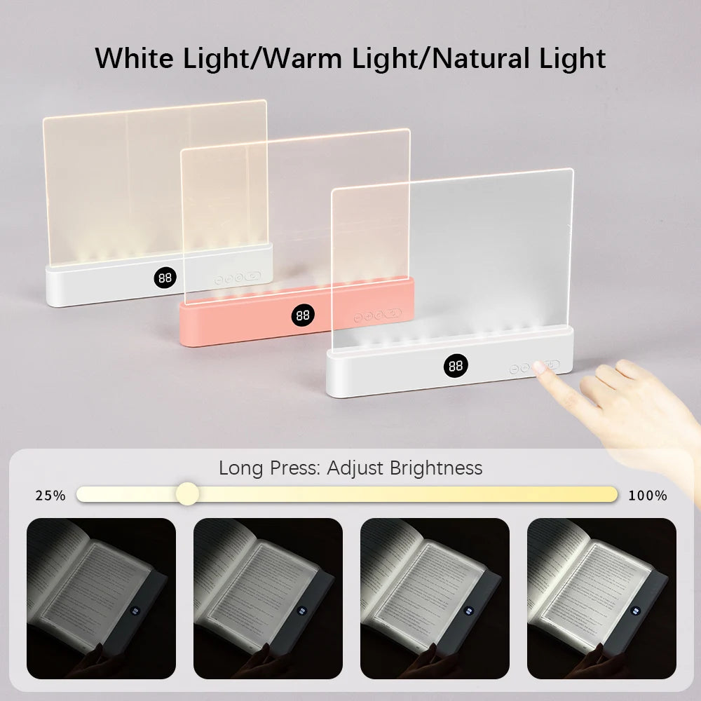 Three acrylic book night lights in white, warm light, and natural light display options with adjustable brightness settings