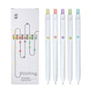 A set of six Uni Colours gel ink pens in various colors displayed next to their packaging box.