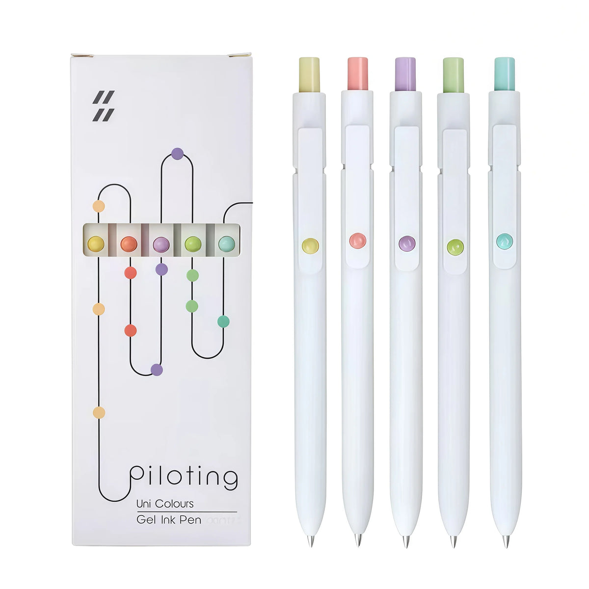 A set of six Uni Colours gel ink pens in various colors displayed next to their packaging box.