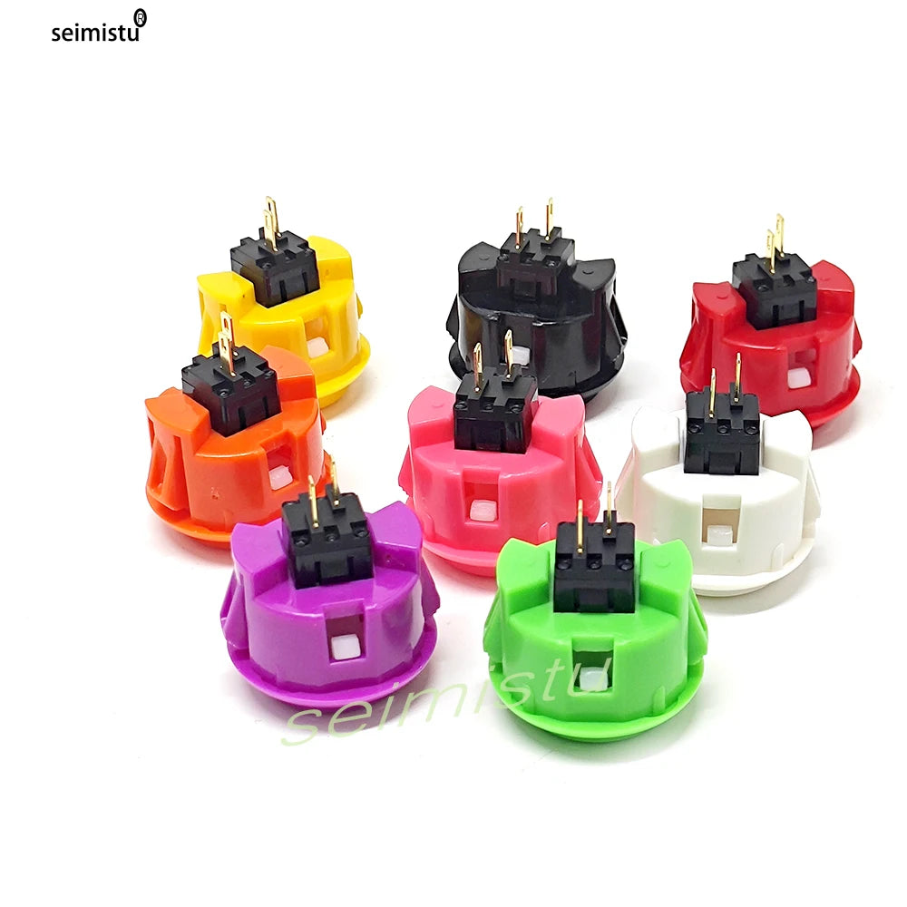 A collection of colorful 30mm arcade push buttons with micro switches in various colors like yellow, orange, pink, purple, gr