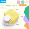 A yellow and white corner punch tool used for crafting, showing its dimensions.