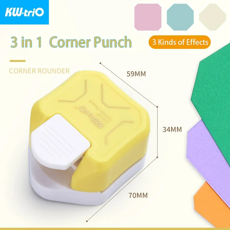 A yellow and white corner punch tool used for crafting, showing its dimensions.