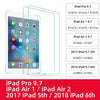 Tempered glass screen protectors for various iPad models including Pro 9.7, Air 1/2, and 5th/6th generation iPads.