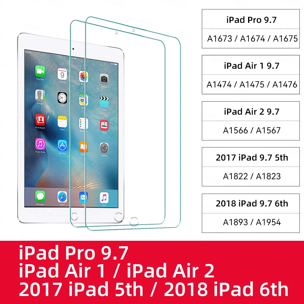 Tempered glass screen protectors for various iPad models including Pro 9.7, Air 1/2, and 5th/6th generation iPads.