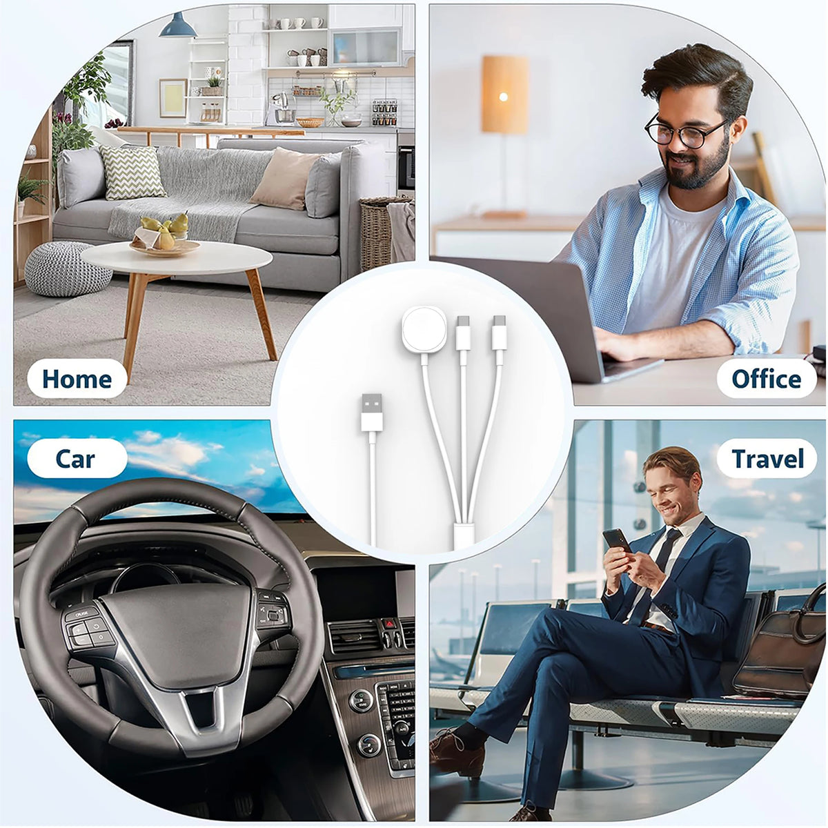Cable de carga multiuso de 3 en 1 mostrado en diferentes contextos: hogar, oficina, coche y viaje.