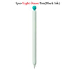 A single light green pen with black ink inside, shown vertically.