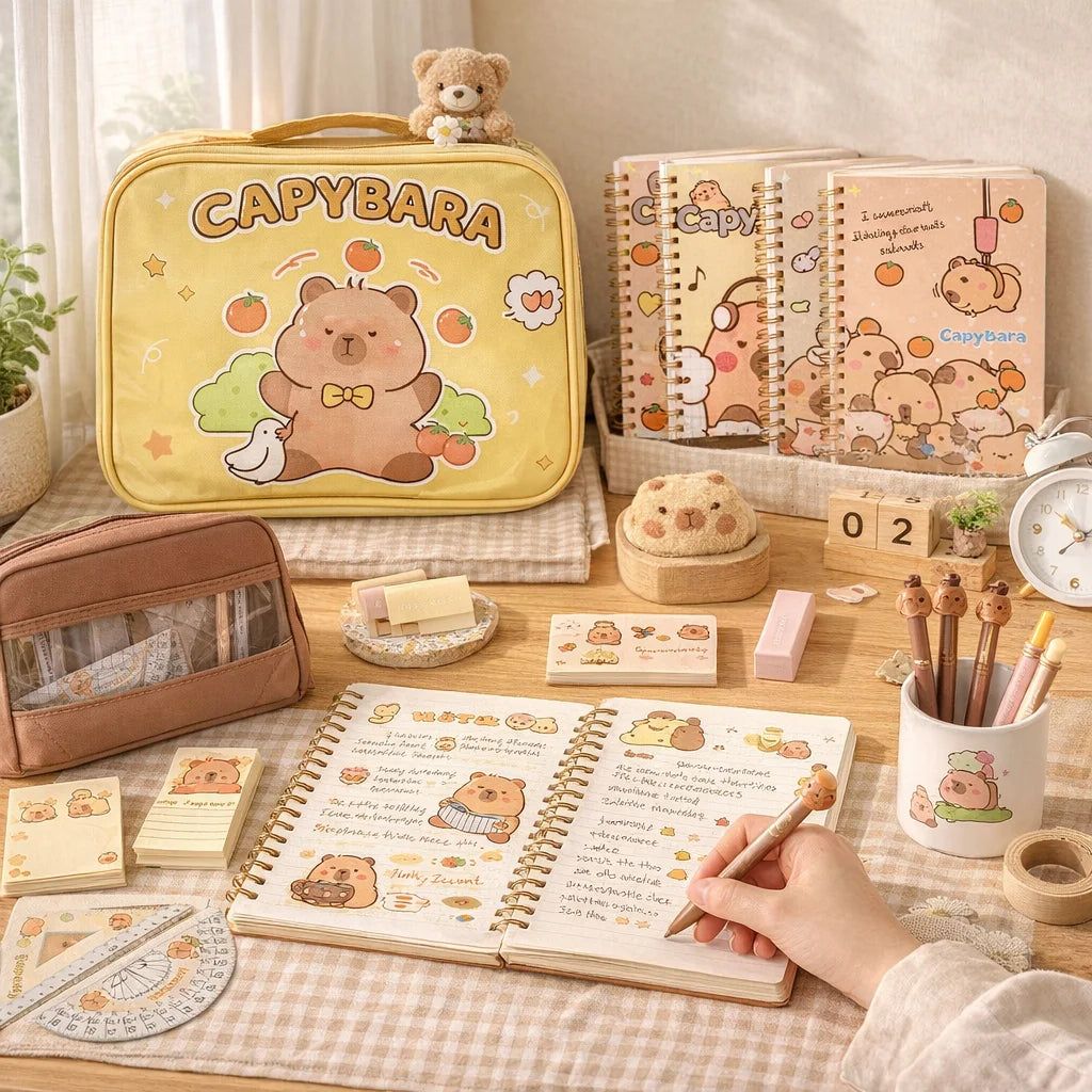 A yellow Capybara pencil case with a bear design, next to a notebook and stationery items.