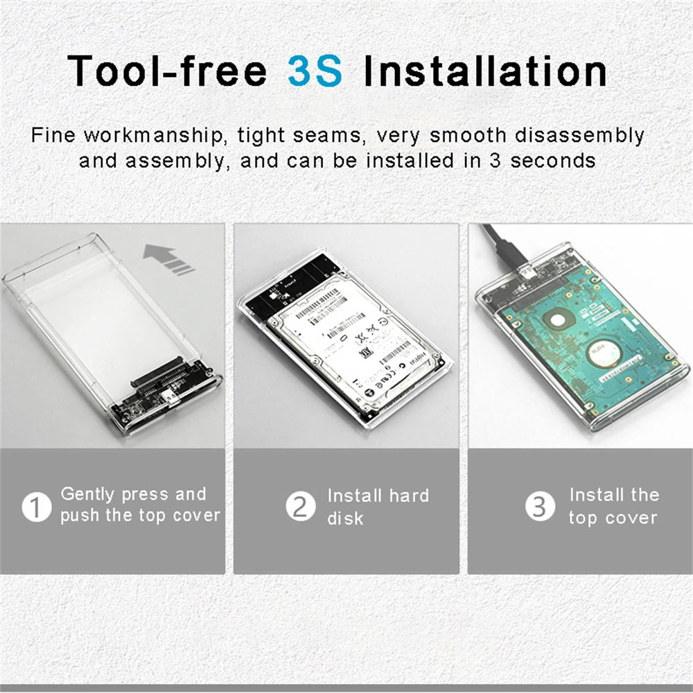 Diagram showing the tool-free 3S installation process for an external HDD enclosure, involving pressing and installing a top 