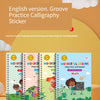 English version Groove Practice Calligraphy Sticker set for kids featuring colorful guided writing practice sheets