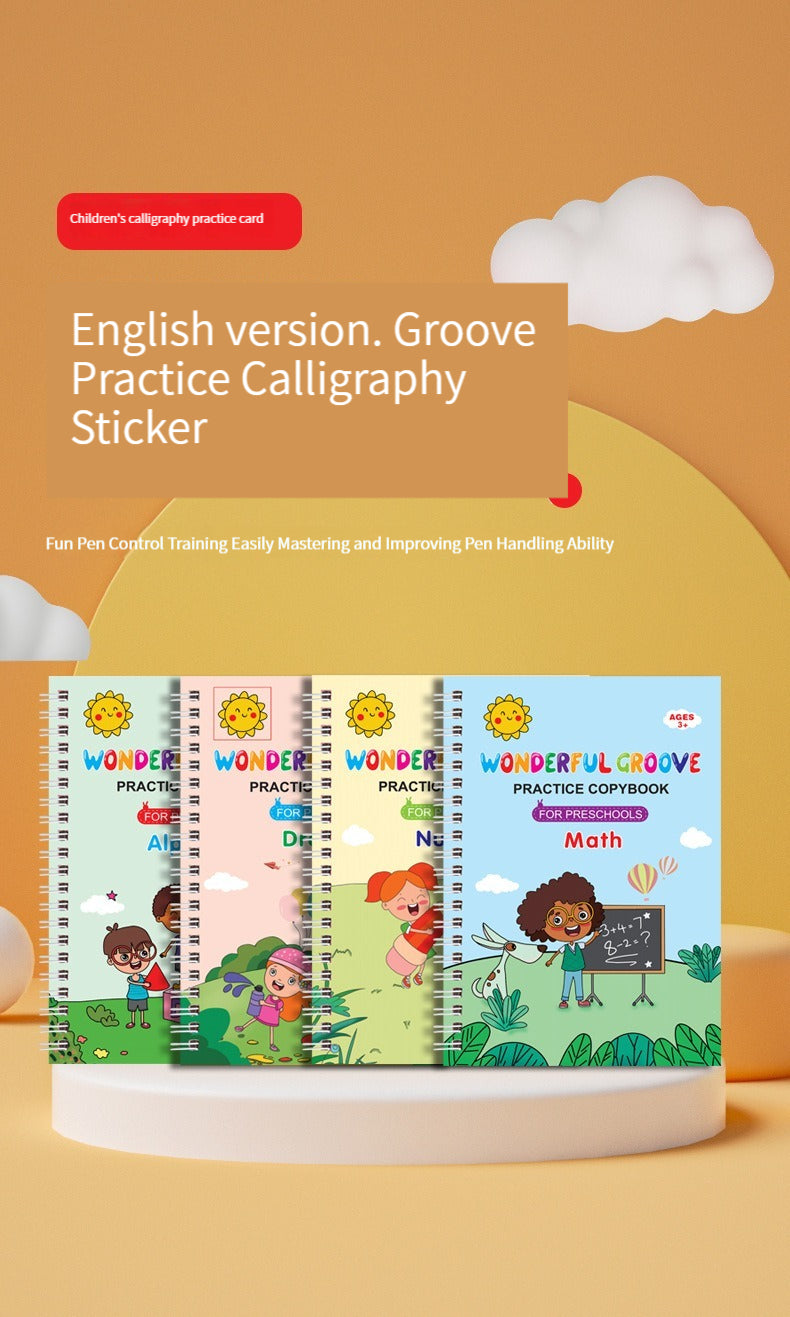 English version Groove Practice Calligraphy Sticker set for kids featuring colorful guided writing practice sheets