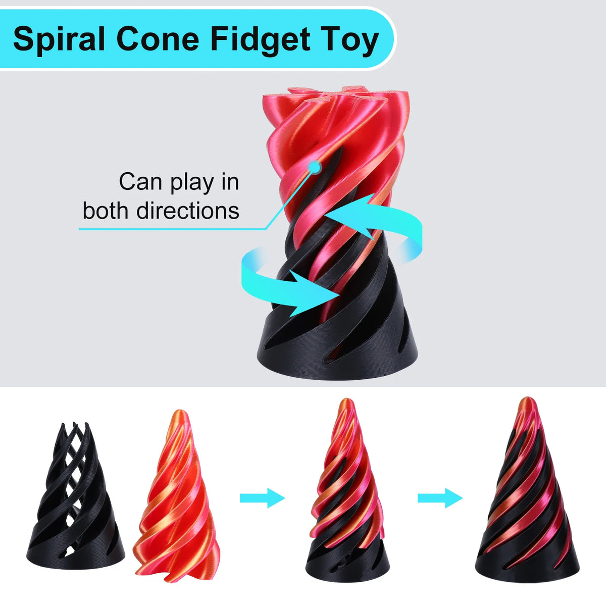 Un set de tres juguetes antiestrés en forma de cono espiral, en negro y rojo, vistos desde diferentes ángulos.