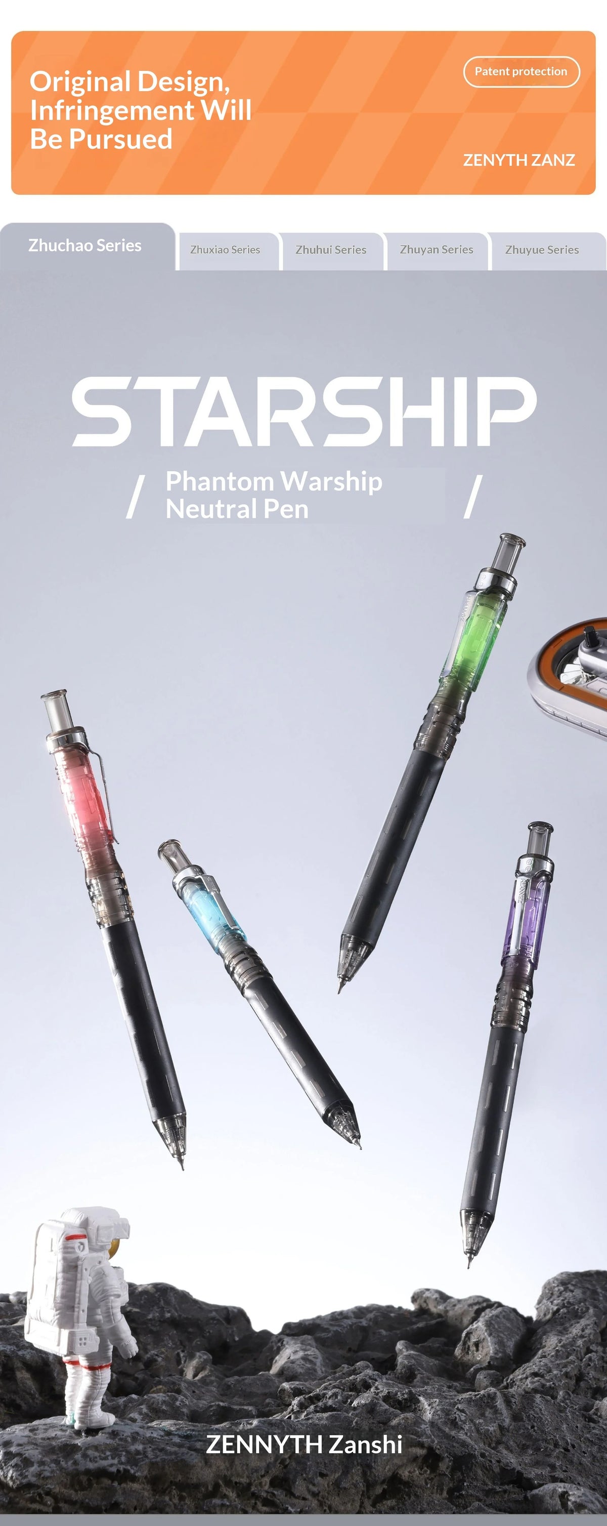 A collection of Starship Phantom Warship neutral pens and a white robot figure are displayed against a gray background.