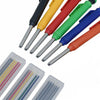 A collection of refillable woodworking marker pencils in various colors, including black, yellow, red, green, blue, and orang