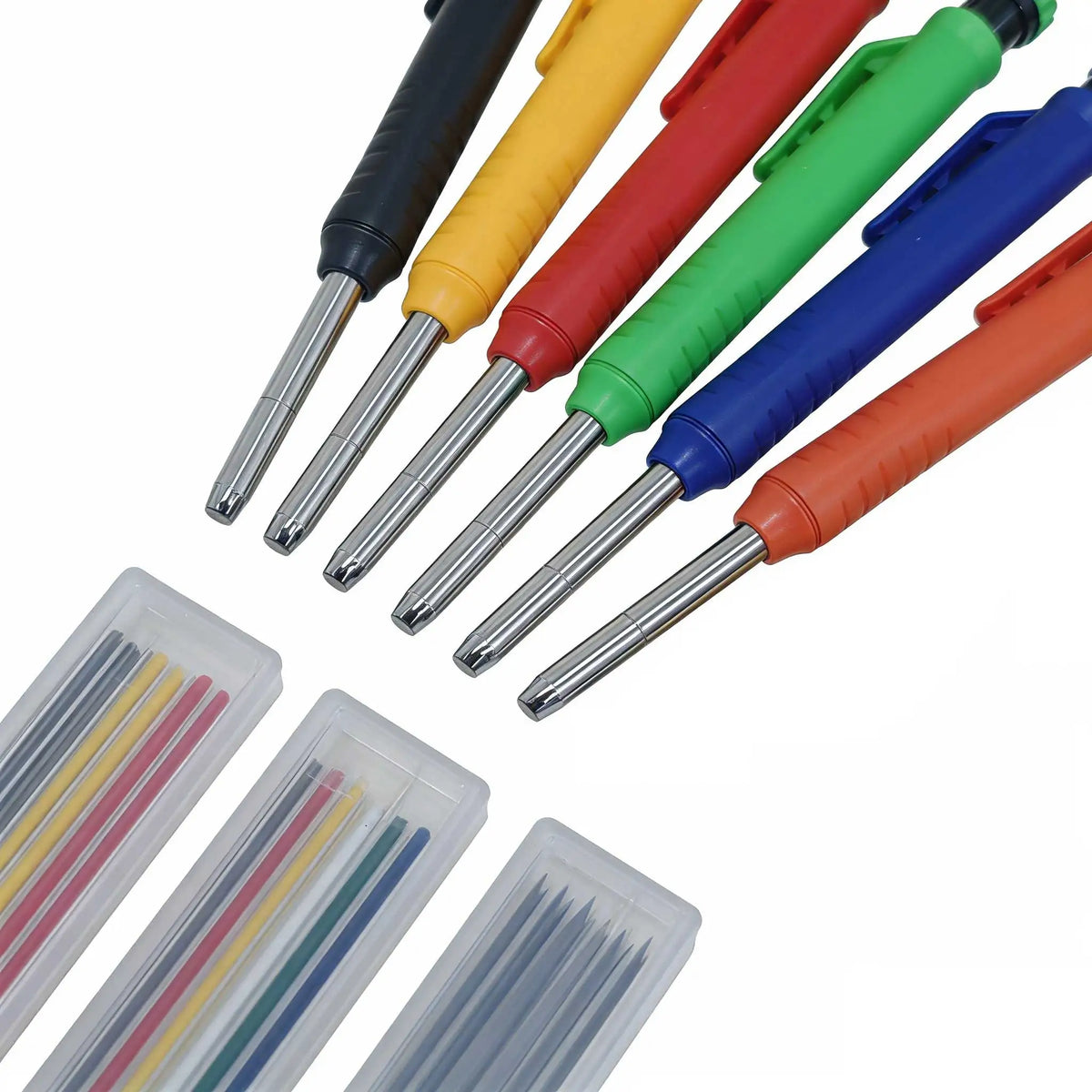 A collection of refillable woodworking marker pencils in various colors, including black, yellow, red, green, blue, and orang