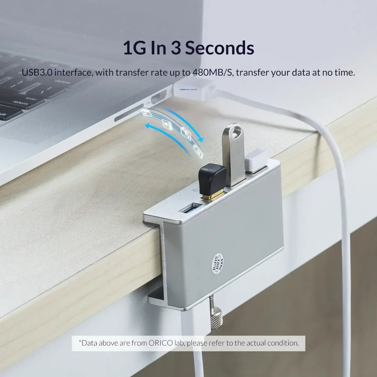A silver multi-port USB 3.0 hub with a clip is shown being inserted into a laptop port.