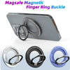 A silver magnetic finger ring buckle accessory designed to attach to a smartphone.