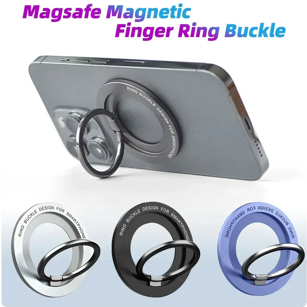 A silver magnetic finger ring buckle accessory designed to attach to a smartphone.
