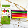 A box of 12 neon coloured pencils with a honeycomb pattern displayed on a marble surface.