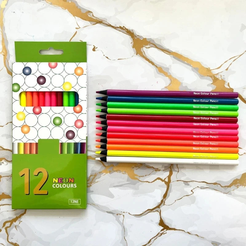 A box of 12 neon coloured pencils with a honeycomb pattern displayed on a marble surface.