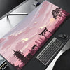 Große Gaming-Mauspad mit pinkem und lila Sonnenuntergangsszenerie japanischer Architektur.
