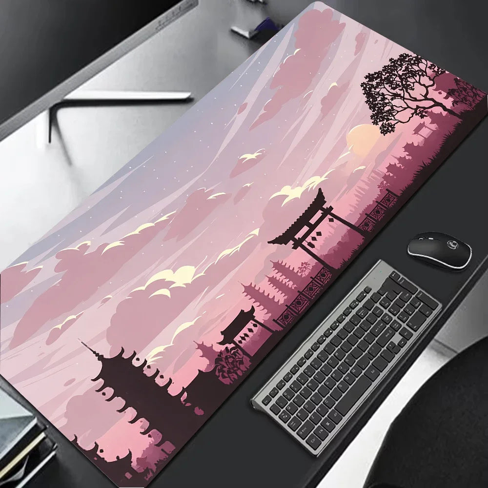 Große Gaming-Mauspad mit pinkem und lila Sonnenuntergangsszenerie japanischer Architektur.