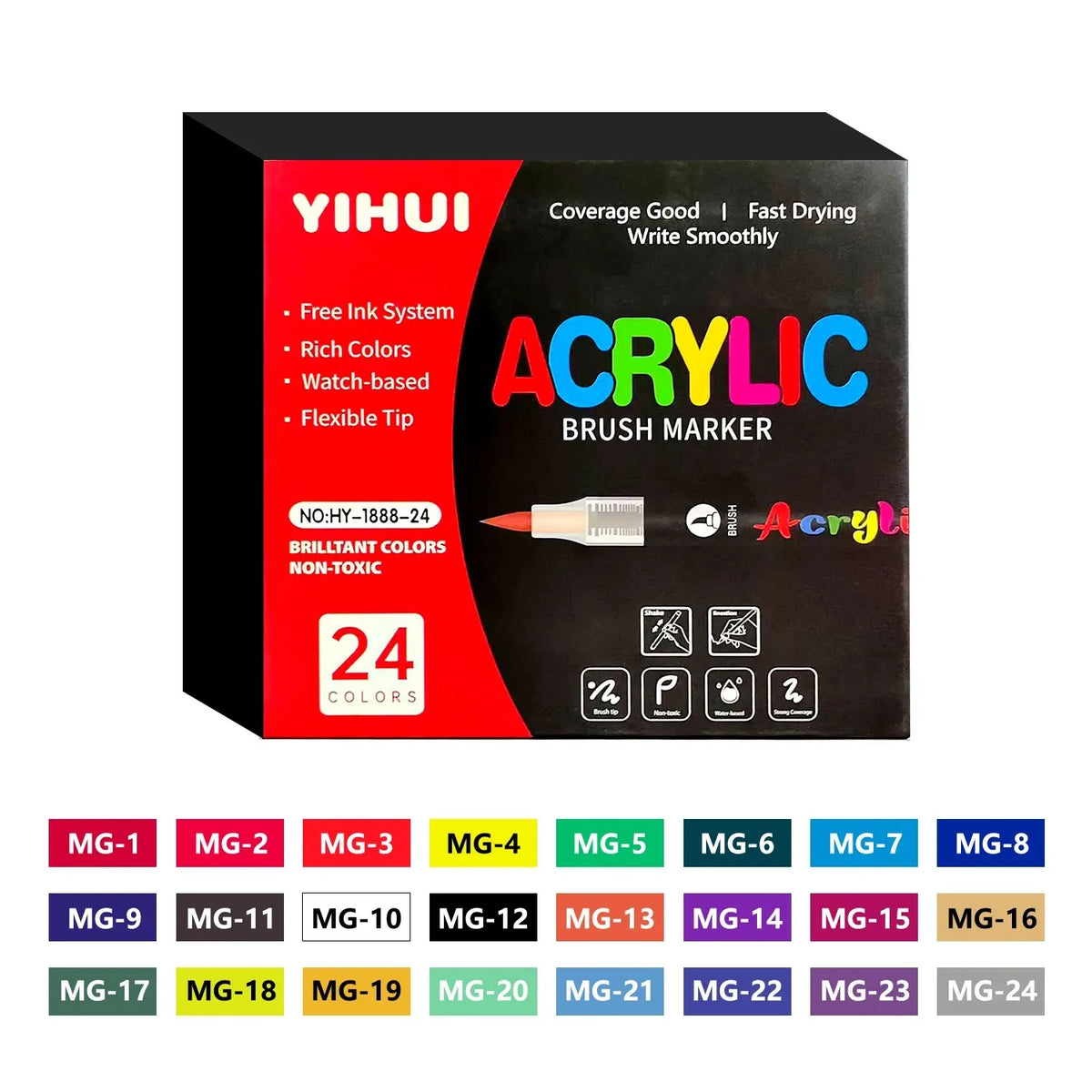 A box of YIHUI Acrylic Brush Markers featuring 24 colors and a free ink system.