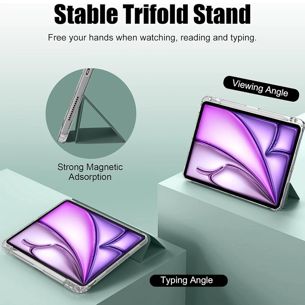 A clear protective case for an iPad Air showing various angles and a trifold stand design.