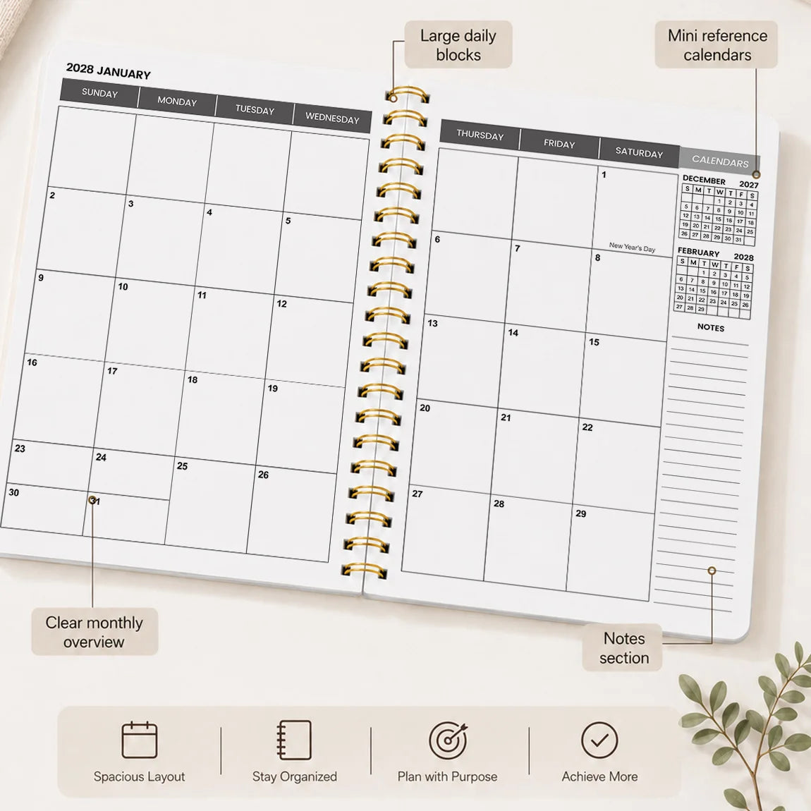 A page from an A5 monthly planner showing a January 2028 calendar layout with daily blocks and notes section.