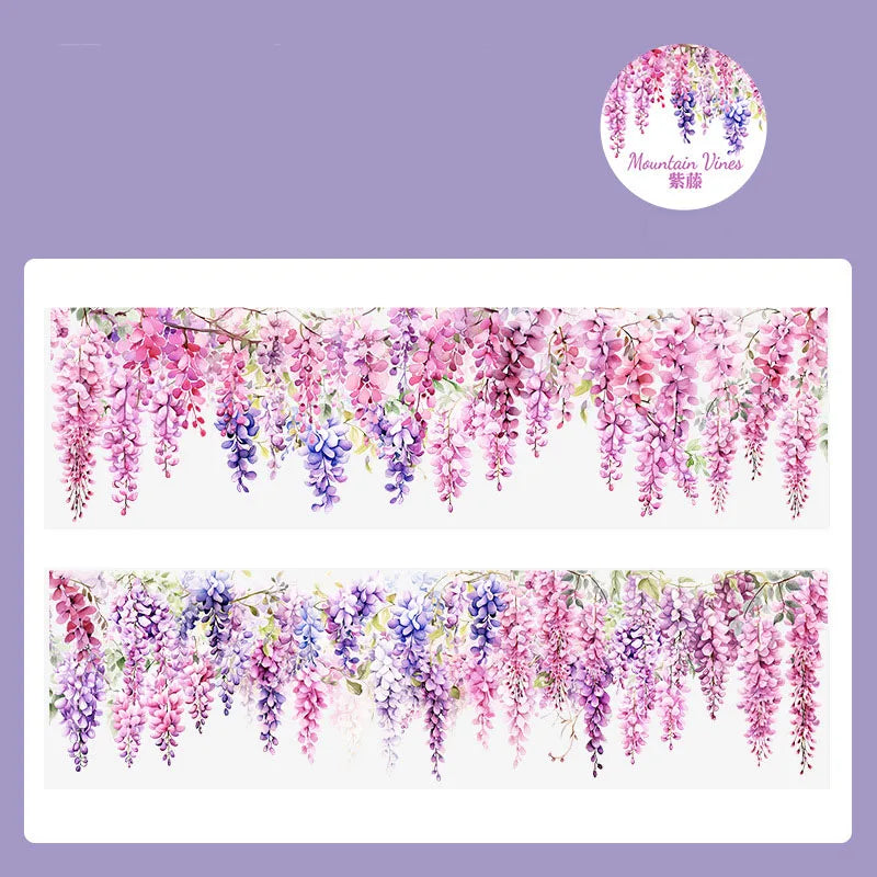 Pink and purple floral vine transparent PET washi tape for journaling and crafts