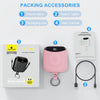 A pink portable power bank with a keyring and accessories like a Type-C cable, packaging box, and user manual.