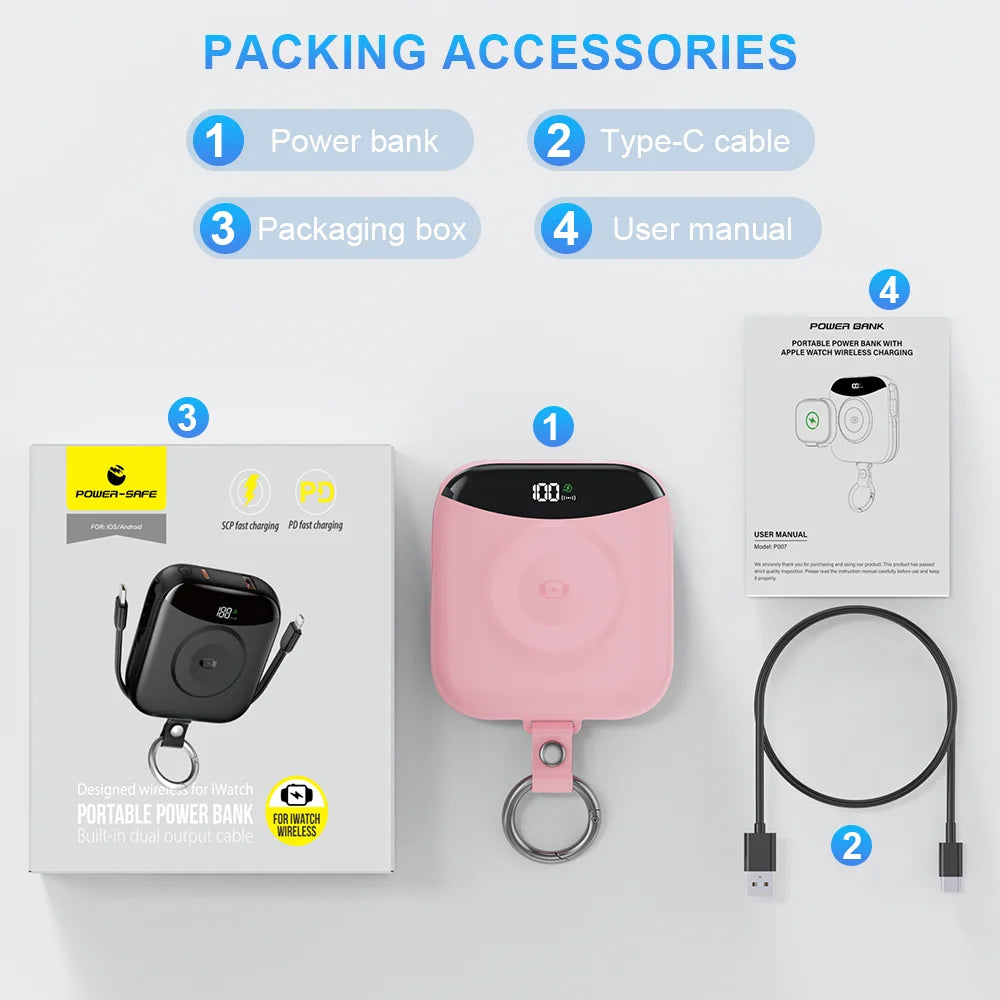 A pink portable power bank with a keyring and accessories like a Type-C cable, packaging box, and user manual.