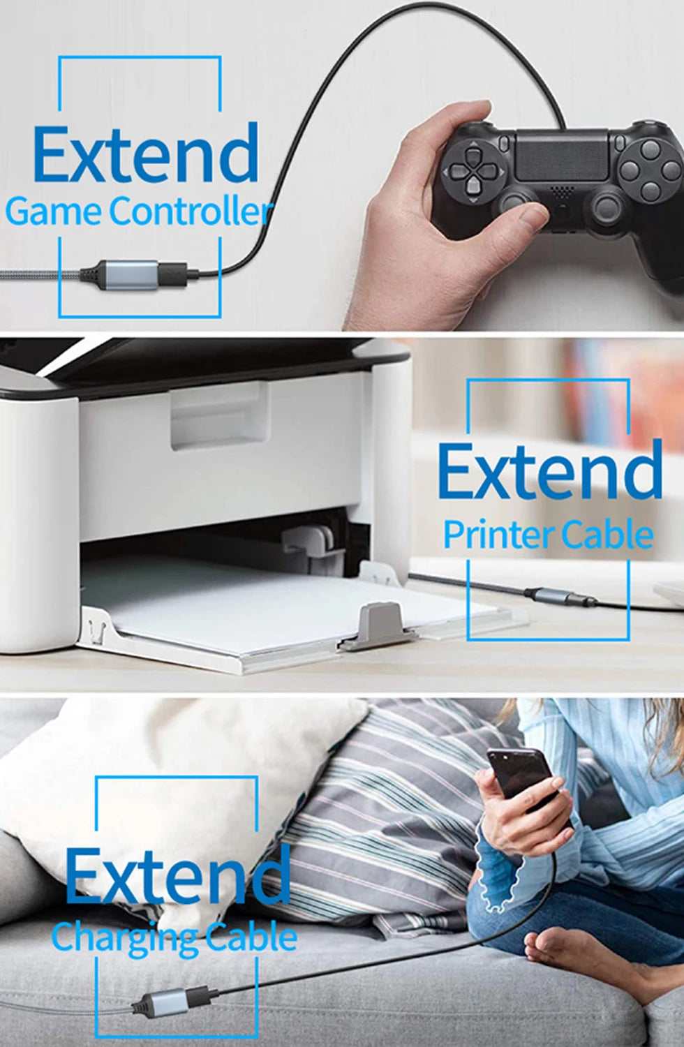 Three images showing various extension cables: a game controller cable, a printer cable, and a charging cable.